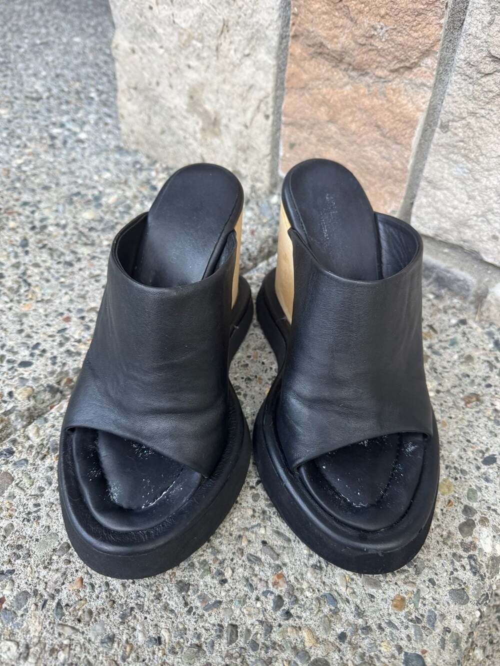 Paloma Barceló Black Leather Platform Wedge Mules Size 37